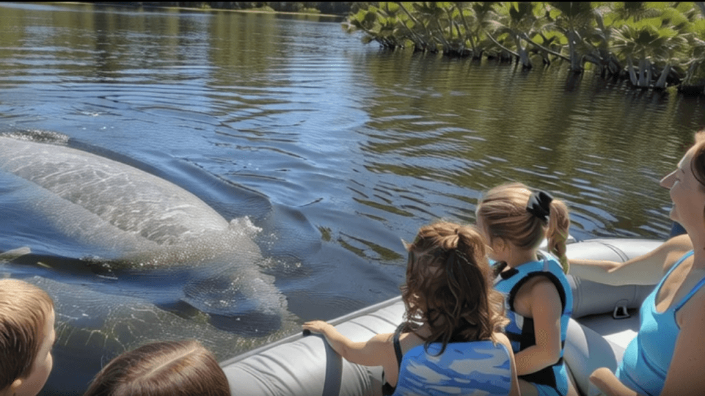Kids watching a manatee on a family dolphin and manatee boat tour near Port Canaveral Florida