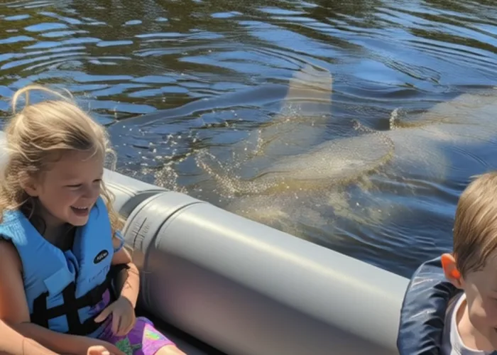 11manatees swimming along the boat on a dolphin tour near Orlando