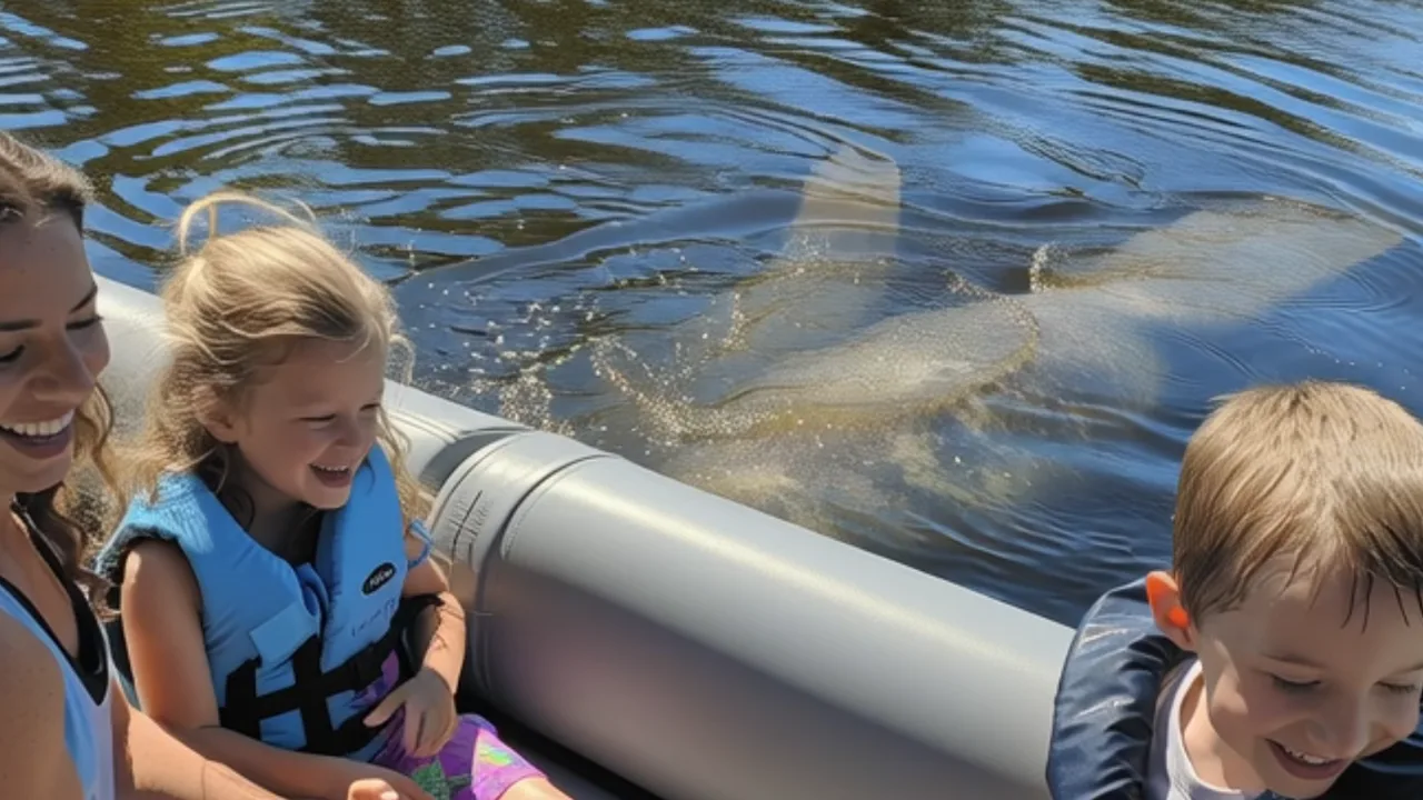 11manatees swimming along the boat on a dolphin tour near Orlando
